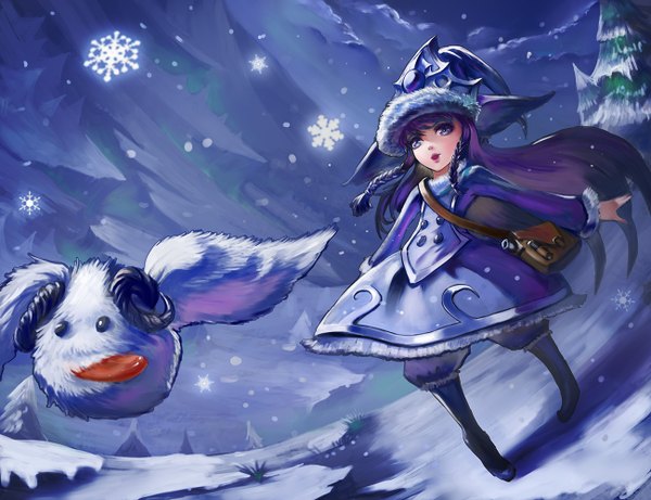 Anime picture 1300x1000 with league of legends lulu (league of legends) poro (league of legends) turewindwalker long hair looking at viewer fringe open mouth blue eyes standing blue hair braid (braids) horn (horns) twin braids snowing winter snow rock girl hat