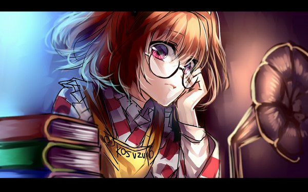 Anime picture 1024x640 with touhou motoori kosuzu uu uu zan single looking at viewer fringe short hair brown hair sitting pink eyes arm support two side up character names hand on cheek girl glasses book (books) phonograph