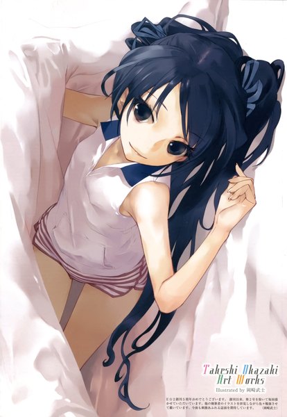 Anime picture 2884x4181 with original okazaki takeshi long hair tall image fringe highres black hair smile absurdres black eyes sleeveless underwear panties ribbon (ribbons) hair ribbon