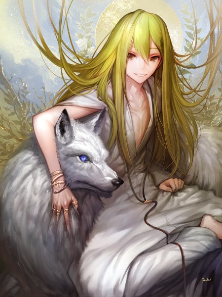 Anime picture 900x1201 with fate (series) fate/strange fake type-moon enkidu (fate) danhu long hair tall image looking at viewer smile sitting brown eyes signed green hair teeth boy plant (plants) animal bracelet jewelry ring