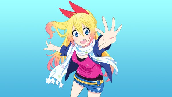 Anime picture 3840x2160 with nisekoi shaft (studio) kirisaki chitoge starsilvery single long hair looking at viewer blush fringe highres open mouth blue eyes simple background blonde hair smile hair between eyes wide image standing payot pink hair