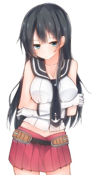Anime picture 644x1203 with kantai collection agano light cruiser mizushina minato single long hair tall image blush fringe breasts black hair simple background white background bare shoulders pleated skirt aqua eyes looking down breast grab girl skirt gloves