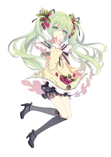 Anime picture 700x993 with vocaloid hatsune miku strawberry miku (tantan) ling (sroin) single long hair tall image looking at viewer blush fringe simple background white background twintails green eyes nail polish green hair finger to mouth jumping girl dress