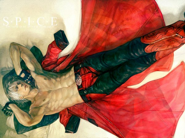 Anime picture 1024x768 with devil may cry dante (devil may cry) offrecord (rae) single short hair open mouth blue eyes white hair lying inscription muscle shirtless boy gloves belt cloak beard