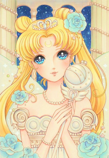 Anime picture 709x1024 with bishoujo senshi sailor moon toei animation tsukino usagi princess serenity jyan borii single long hair tall image looking at viewer blush blue eyes blonde hair twintails holding hair flower night night sky forehead mark girl dress