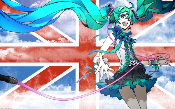 Anime picture 1680x1050 with vocaloid hatsune miku miwa shirow single looking at viewer fringe open mouth hair between eyes twintails bare shoulders cloud (clouds) ahoge very long hair aqua eyes aqua hair teeth bare legs wallpaper floating hair spread arms