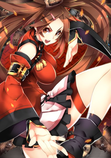 Anime picture 2078x2952 with guilty gear kuradoberi jam makai single long hair tall image highres breasts open mouth brown hair large breasts brown eyes fighting stance girl skirt hair ornament detached sleeves socks hairclip