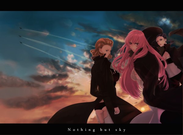 Anime picture 2448x1806 with vocaloid megurine luka sweet ann kito (coyo) looking at viewer fringe highres short hair breasts light erotic blonde hair purple eyes multiple girls pink hair sky cloud (clouds) ass aqua eyes prima girl