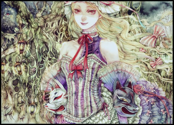Anime picture 1253x900 with touhou yakumo yukari yogisya single long hair blonde hair smile red eyes bare shoulders eyes girl dress bow plant (plants) hair bow insect mask spider web