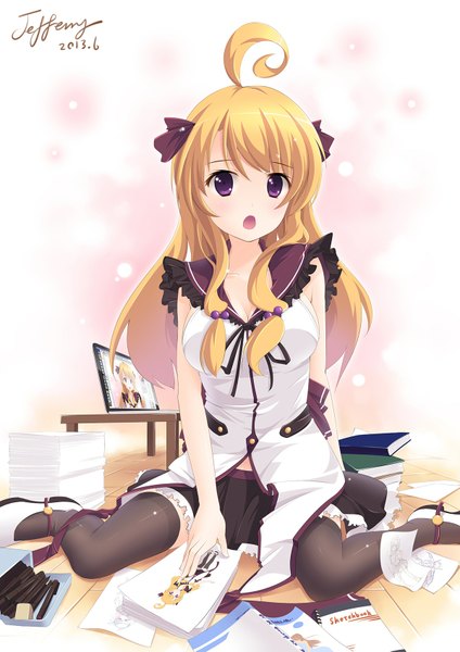 Anime picture 1200x1697 with original jeffery (backam) single long hair tall image looking at viewer open mouth blonde hair purple eyes ahoge girl thighhighs black thighhighs paper laptop