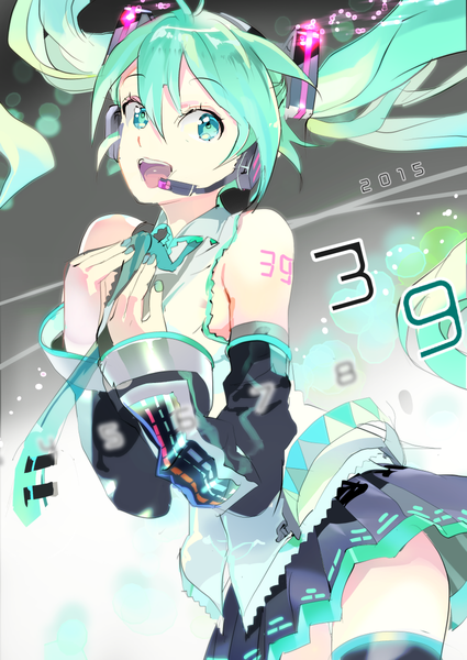 Anime picture 850x1200 with vocaloid hatsune miku 119 single long hair tall image open mouth twintails bare shoulders looking away nail polish aqua eyes aqua hair singing aqua nail polish 39 girl thighhighs skirt detached sleeves