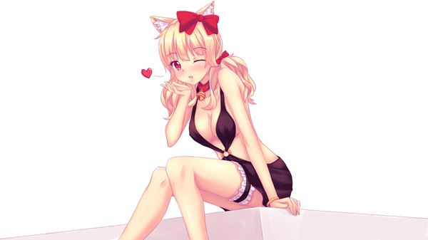 Anime picture 2134x1200 with original naala nottytiffy single long hair looking at viewer blush highres breasts light erotic simple background blonde hair red eyes wide image sitting animal ears cleavage one eye closed wink cat ears