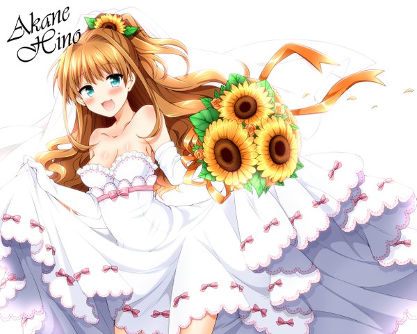 Anime picture 1245x1000 with idolmaster idolmaster cinderella girls hino akane (idolmaster) tsukudani norio single long hair looking at viewer blush open mouth blue eyes blonde hair bare shoulders character names girl dress gloves bow elbow gloves bouquet wedding dress
