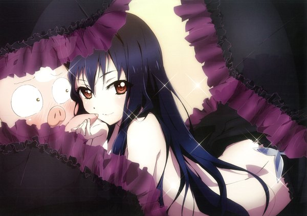 Anime picture 8500x5988 with accel world sunrise (studio) kuroyukihime arita haruyuki long hair looking at viewer blush fringe highres light erotic black hair bare shoulders brown eyes absurdres light smile nude official art couple holding hands bare back