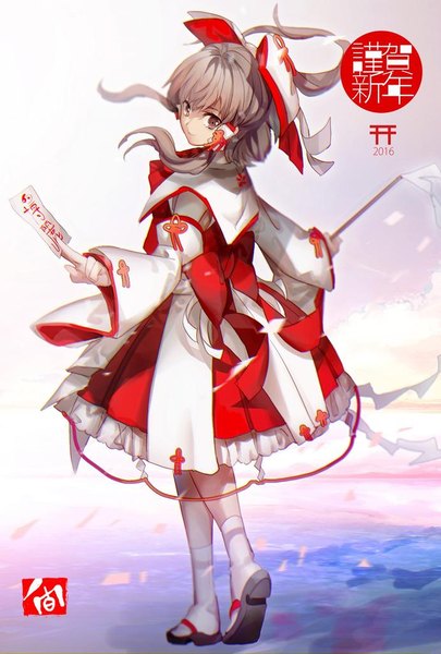Anime picture 692x1024 with touhou hakurei reimu no-kan single tall image fringe short hair brown hair standing brown eyes full body ponytail traditional clothes japanese clothes looking back wind spread arms miko jpeg artifacts adapted costume