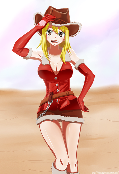 Anime picture 688x1000 with fairy tail lucy heartfilia enara123 single long hair tall image blush open mouth blonde hair smile brown eyes sky cloud (clouds) coloring girl gloves hat elbow gloves fur thigh boots
