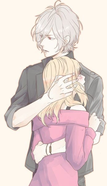 Anime picture 628x1086 with diabolik lovers idea factory sakamaki subaru komori yui kuwa ayase long hair tall image blush fringe short hair open mouth blonde hair simple background red eyes bare shoulders looking away silver hair hair over one eye couple hug