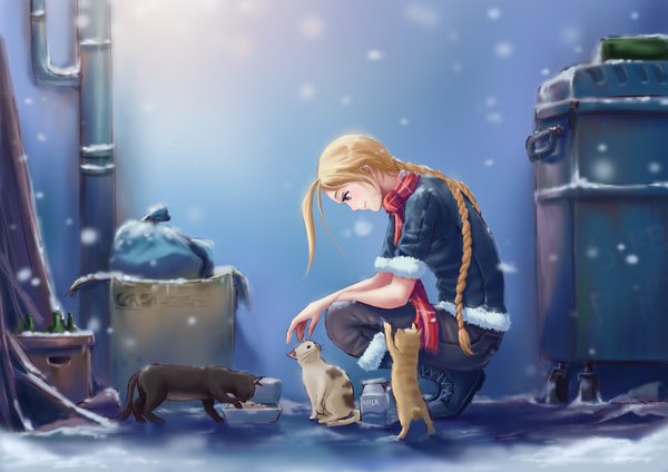 Anime picture 3508x2480 with street fighter capcom cammy white ernest ow tar hoay single long hair blush highres blue eyes blonde hair smile sitting absurdres outdoors braid (braids) profile twin braids looking down snowing winter