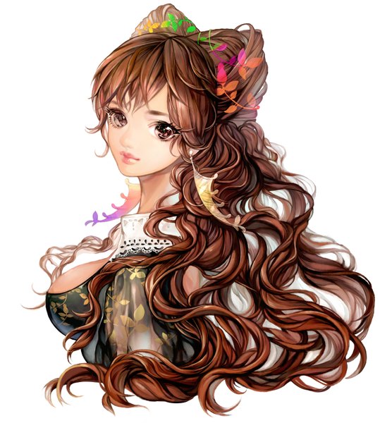 Anime picture 1500x1669 with original sugurixxxx single long hair tall image looking at viewer breasts simple background brown hair white background brown eyes cleavage lips wavy hair girl earrings