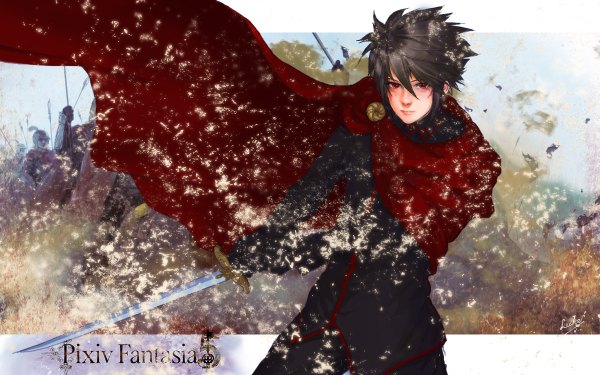 Anime picture 1200x750 with original pixiv fantasia luke (artist) short hair black hair red eyes wide image pink eyes warrior boy gloves weapon sword katana cloak