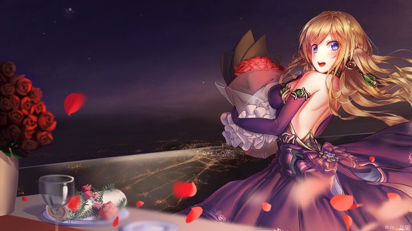 Anime picture 1920x1080 with battleship girl warship girls r richelieu (warship girls r) nishiro ryoujin single long hair blush highres blue eyes smile brown hair wide image standing signed braid (braids) looking back night night sky back side braid