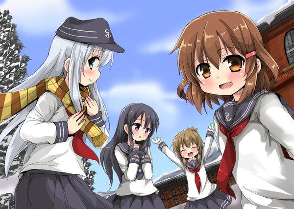 Anime picture 1300x929 with kantai collection hibiki destroyer akatsuki destroyer inazuma destroyer ikazuchi destroyer oshiruko (uminekotei) long hair looking at viewer blush fringe short hair open mouth blue eyes black hair smile brown hair standing multiple girls brown eyes looking away