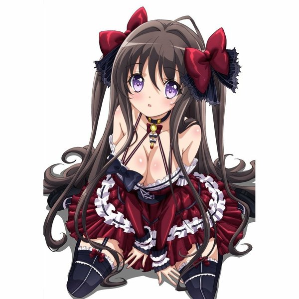 Anime picture 1000x1000 with noucome yuuouji ouka single long hair looking at viewer blush breasts open mouth light erotic simple background brown hair large breasts white background sitting purple eyes bare shoulders ahoge bent knee (knees) head tilt pleated skirt