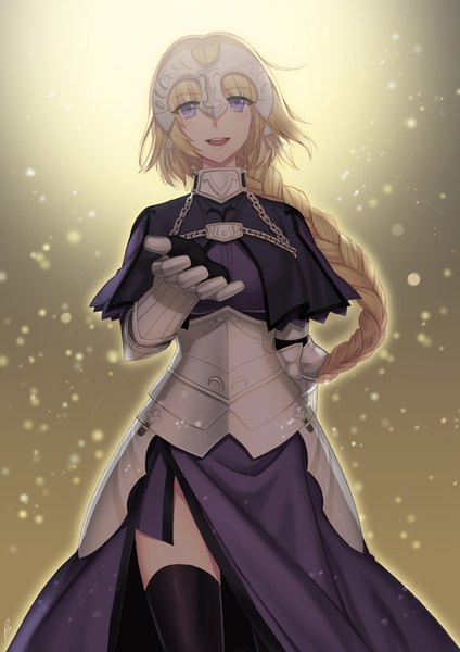 Anime picture 600x849 with fate (series) fate/apocrypha jeanne d'arc (fate) (all) jeanne d'arc (fate) briska single long hair tall image looking at viewer fringe open mouth blonde hair smile purple eyes braid (braids) gradient background single braid outstretched hand girl thighhighs