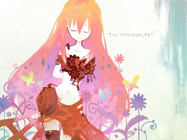 Anime picture 1024x768 with vocaloid wander last (vocaloid) megurine luka soto long hair pink hair eyes closed girl flower (flowers) heart insect butterfly musical note
