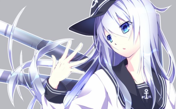 Anime picture 1300x812 with kantai collection hibiki destroyer kawasaki toiro single long hair open mouth blue eyes wide image looking away white hair grey background girl weapon sailor suit flat cap anchor symbol