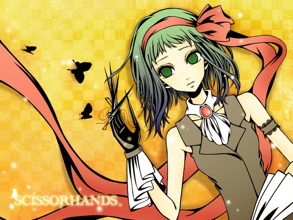 Anime picture 2000x1500 with vocaloid gumi rineko single fringe highres short hair bare shoulders blue hair lying green hair inscription sleeveless gradient hair yellow background checkered checkered background empty eyes girl bow