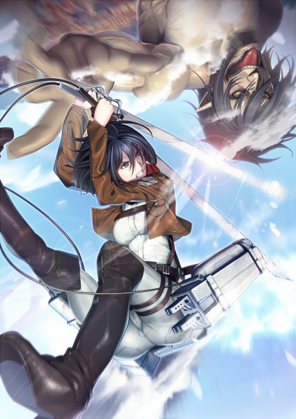 Anime picture 849x1200 with shingeki no kyojin production i.g mikasa ackerman eren yaeger rogue titan fukurou tei tall image short hair light erotic black hair holding looking away sky cloud (clouds) black eyes open clothes open jacket dual wielding angry clenched teeth