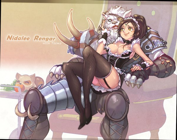 Anime picture 1600x1269 with league of legends nidalee (league of legends) teemo (league of legends) rengar (league of legends) kukon (artist) long hair looking at viewer breasts blue eyes light erotic large breasts bare shoulders animal ears yellow eyes looking away ponytail teeth maid fang (fangs) girl