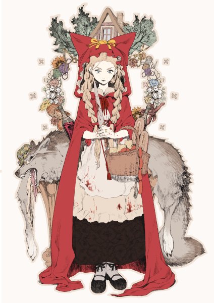 Anime picture 848x1200 with little red riding hood little red riding hood (character) ryota-h long hair tall image open mouth blue eyes blonde hair smile standing holding animal ears tail lying braid (braids) animal tail teeth fang (fangs) twin braids wolf ears