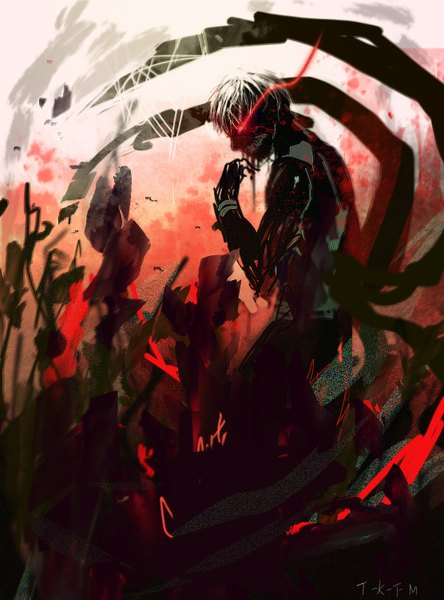 Anime picture 1111x1500 with tokyo ghoul studio pierrot kaneki ken sasarious single tall image short hair standing head tilt profile grey hair glowing glowing eye (eyes) boy mask kagune