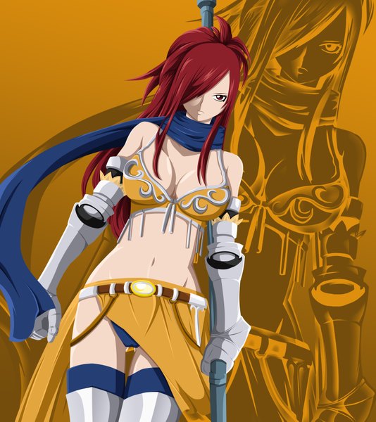 Anime picture 1600x1795 with fairy tail erza knightwalker pablofcb single long hair tall image fringe light erotic simple background red eyes red hair hair over one eye midriff coloring girl navel weapon swimsuit bikini scarf