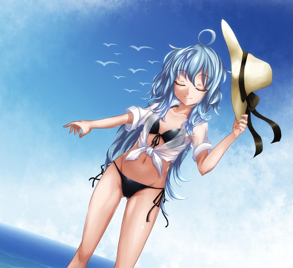 Anime picture 1200x1100 with fi-san single long hair light erotic blue hair sky eyes closed light smile legs girl navel swimsuit hat bikini sea black bikini