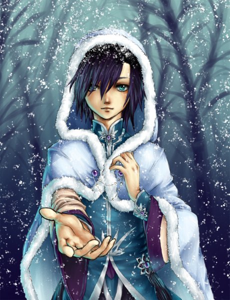 Anime picture 3066x4000 with original kiwi-san single tall image highres short hair absurdres outstretched arm snowing winter plant (plants) tree (trees) hood cloak winter clothes