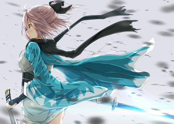 Anime picture 2549x1812 with fate (series) koha-ace okita souji (fate) (all) okita souji (koha-ace) kuria (clear trip second) single blush fringe highres short hair open mouth blonde hair hair between eyes standing holding looking away ahoge traditional clothes japanese clothes profile