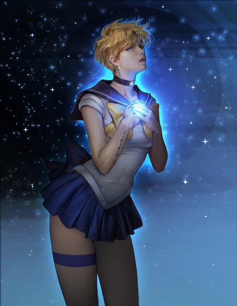 Anime picture 3152x4073 with bishoujo senshi sailor moon toei animation tenou haruka sailor uranus j. won han single tall image looking at viewer highres short hair blue eyes blonde hair absurdres nail polish parted lips realistic mole sailor collar magical girl body writing