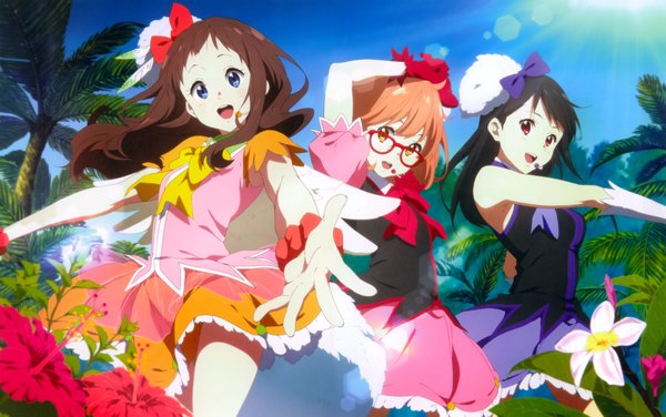 Anime picture 9898x6218 with kyoukai no kanata kyoto animation kuriyama mirai nase mitsuki shindou ai nakahara kouhei long hair highres open mouth blue eyes black hair red eyes brown hair multiple girls brown eyes absurdres official art girl dress gloves