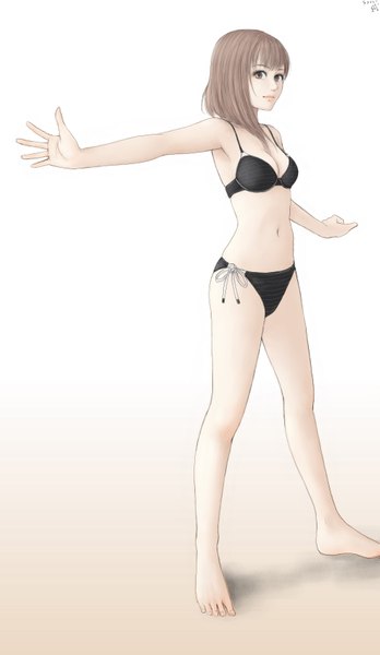 Anime picture 992x1710 with original erurodo (artist) single long hair tall image looking at viewer fringe light erotic simple background brown hair white background brown eyes barefoot bare belly bare legs armpit (armpits) spread legs legs underwear only spread arms