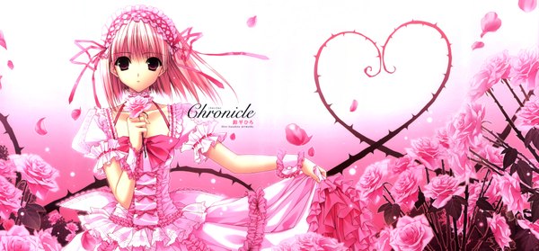 Anime picture 7425x3454 with chronicle-suzuhira hiro artworks suzuhira hiro single looking at viewer fringe highres short hair wide image standing holding pink hair parted lips pink eyes wind scan puffy sleeves gradient background frilled dress lolita fashion girl