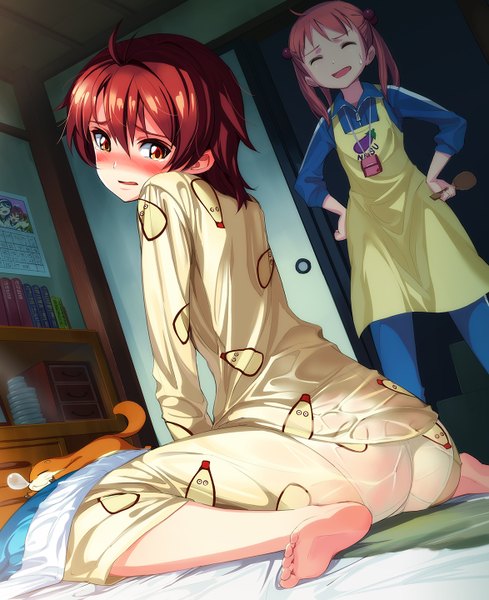 Anime picture 1174x1440 with vividred operation isshiki akane isshiki momo uso-kun michairu tall image blush highres short hair open mouth light erotic brown hair sitting multiple girls ahoge ass eyes closed looking back barefoot tears