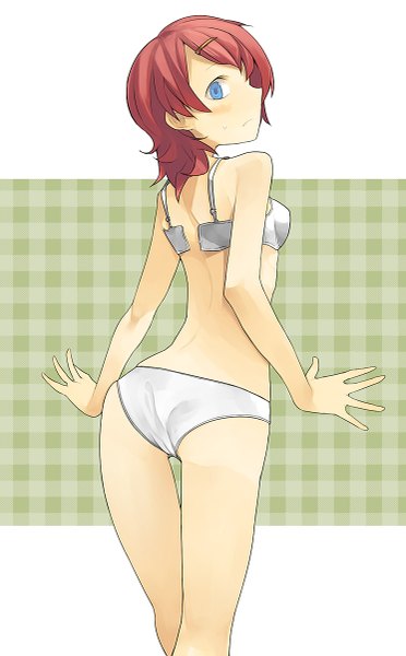 Anime picture 745x1200 with original hama2224 single tall image blush fringe short hair blue eyes light erotic pink hair ass profile looking back from behind hair over one eye underwear only arched back open bra girl underwear