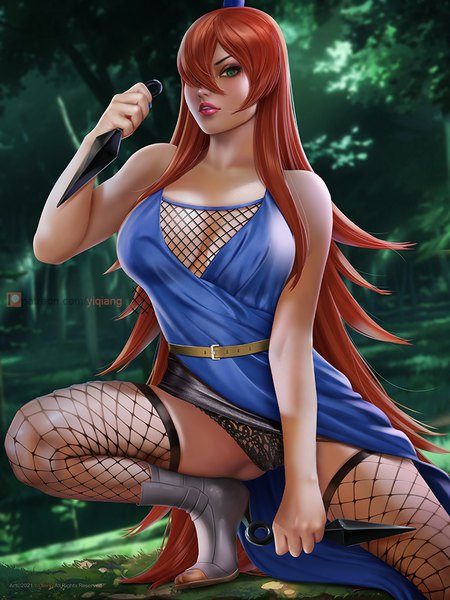 Anime picture 768x1024 with naruto studio pierrot naruto (series) mei terumi (mizukage) yi qiang single long hair tall image looking at viewer fringe breasts light erotic brown hair large breasts bare shoulders holding green eyes bent knee (knees) outdoors parted lips
