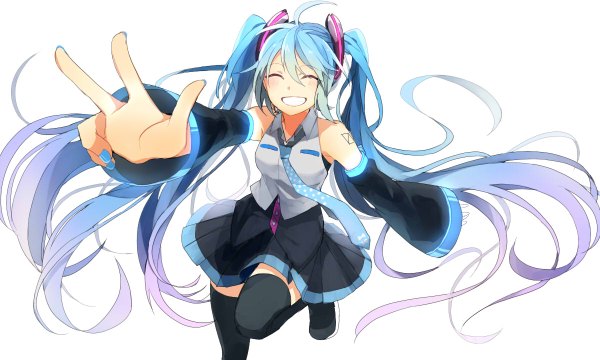 Anime picture 1200x720 with vocaloid hatsune miku sogawa single fringe simple background smile hair between eyes wide image white background twintails bare shoulders blue hair ahoge bent knee (knees) eyes closed very long hair nail polish multicolored hair from above