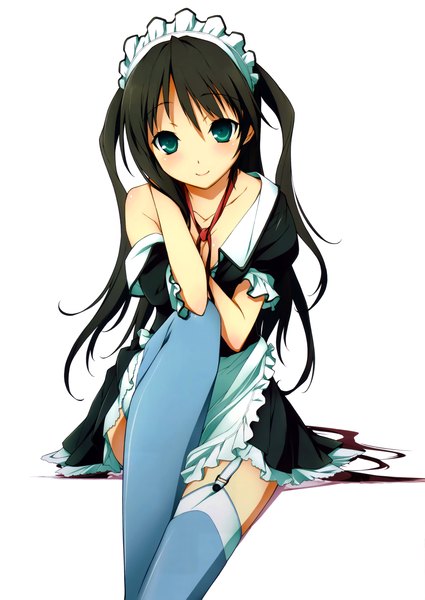 Anime picture 4909x6936 with mayo chiki! feel (studio) suzutsuki kanade kikuchi seiji single long hair tall image highres black hair simple background white background green eyes absurdres scan maid two side up legs girl thighhighs headdress