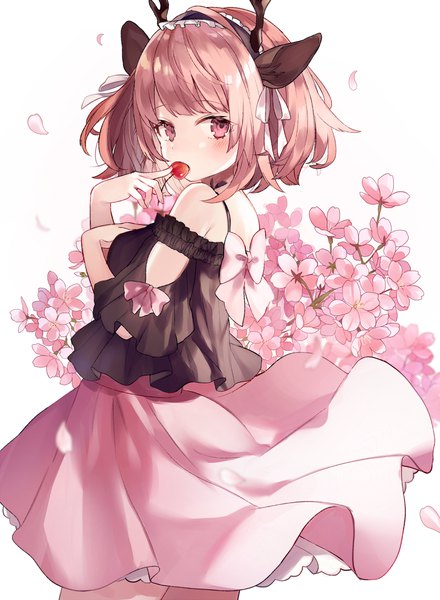 Anime picture 800x1091 with original shugao single tall image looking at viewer blush fringe short hair simple background brown hair standing bare shoulders holding animal ears upper body blunt bangs pink eyes looking back horn (horns) wind