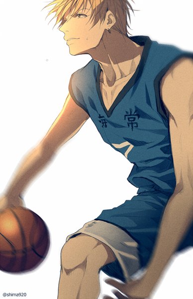 Anime picture 550x849 with kuroko no basket production i.g kise ryouta mashima shima single tall image short hair simple background blonde hair white background signed yellow eyes looking away profile sweat piercing ear piercing basketball boy uniform